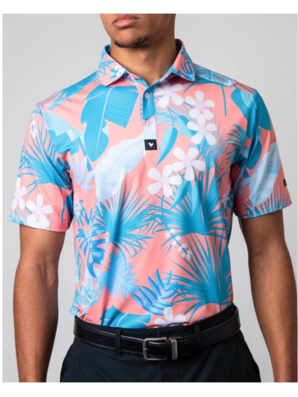 Men's Bad Birdie Polo Shirt XXL Coral Blue Floral Tropical Print